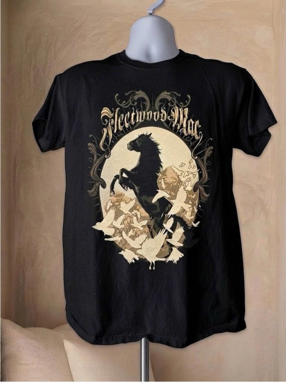 Vintage Black Fleetwood Mac Short-Sleeve Tee with Cream Horse Graphic